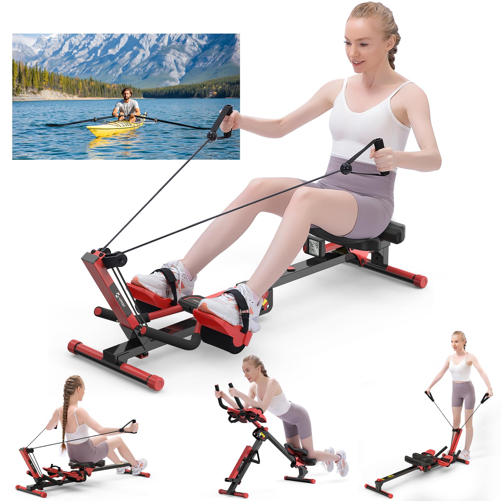 Action Row Rowing Machine Rowing Machine, 4 in 1 Rowing and Ab Machine with 2 Levels of Workout ...
