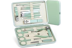 QLNE Manicure Set Pedicure Kit Nail Clippers Set Fingernail Clipper Set Ingrown Toenail Nail Kit Scissor Nail Trimmer Kit 18 Pieces Women and Men’s Care Grooming Tools with Fine Case (Tea Green_18 Pieces)