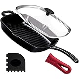 Cast Iron Square Grill Pan with Glass Lid - 10.5 Inch Pre-Seasoned Skillet with Handle Cover and Pan Scraper - Grill, Stoveto