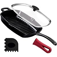 Cast Iron Square Grill Pan with Glass Lid - 10.5 Inch Pre-Seasoned Skillet with Handle Cover and Pan Scraper - Grill…