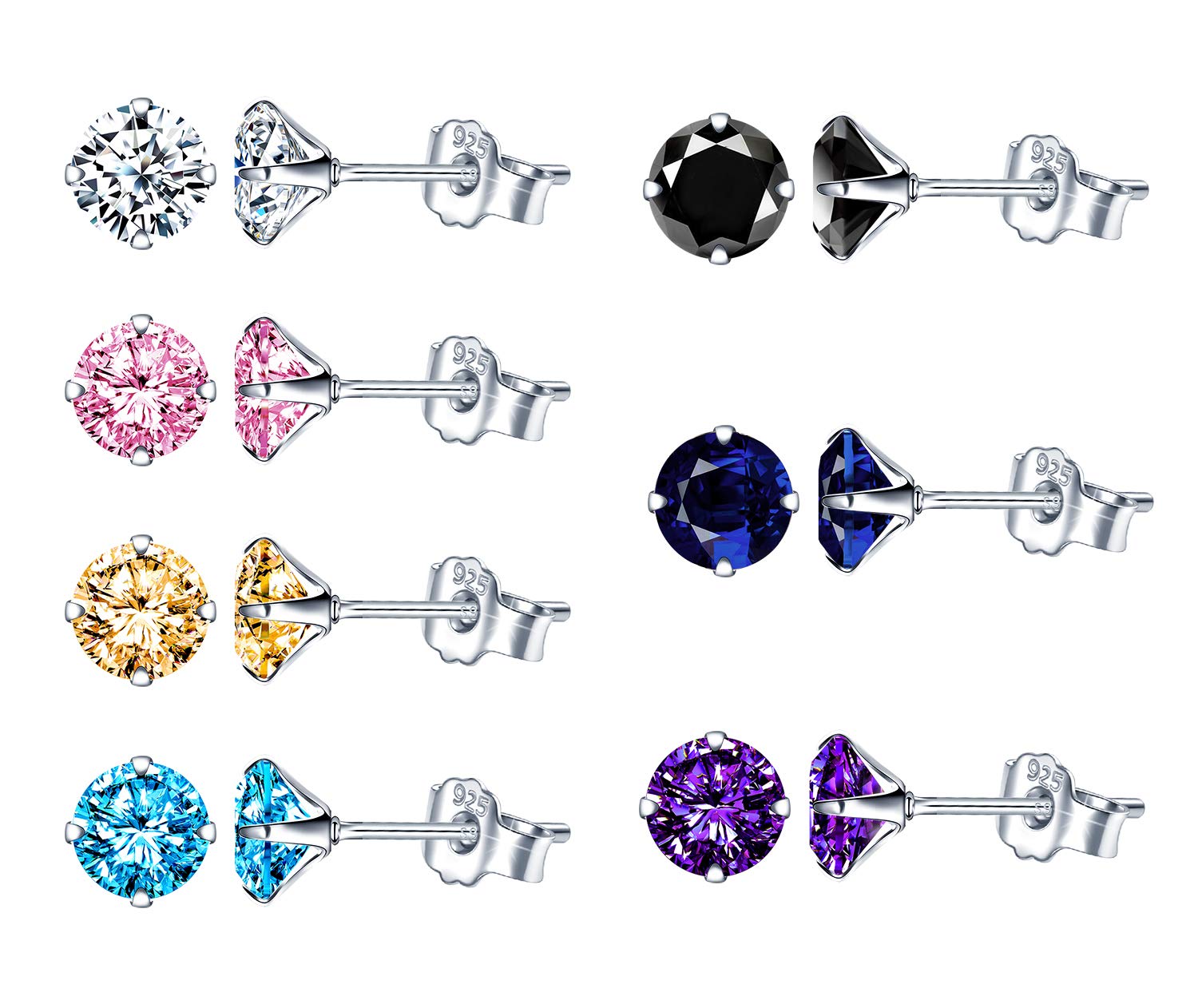 Yumilok 925 Sterling Silver Birthstone Stud Earrings for Men Women Round Cubic Zircon Earrings Set 6MM