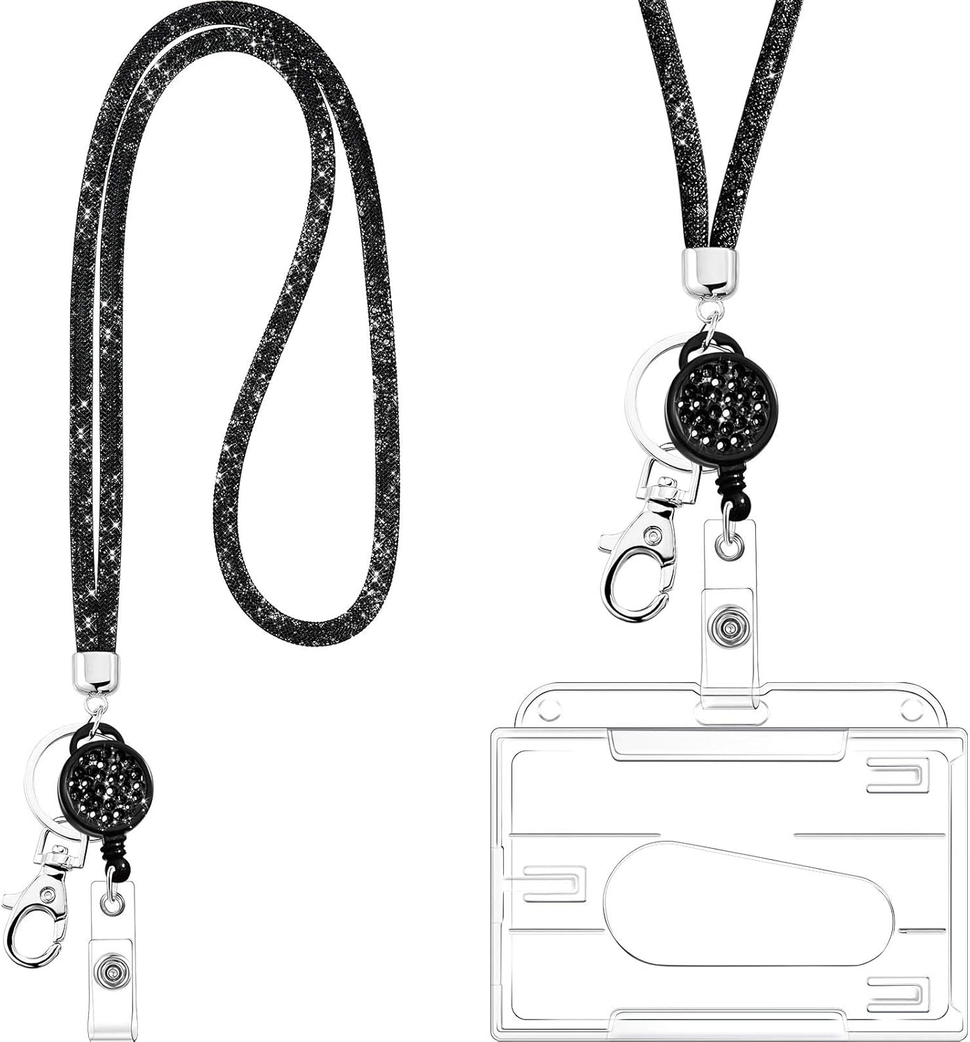 Frienda Crystal Lanyard Necklace with Transparent ID Card Holder Keyring, Black