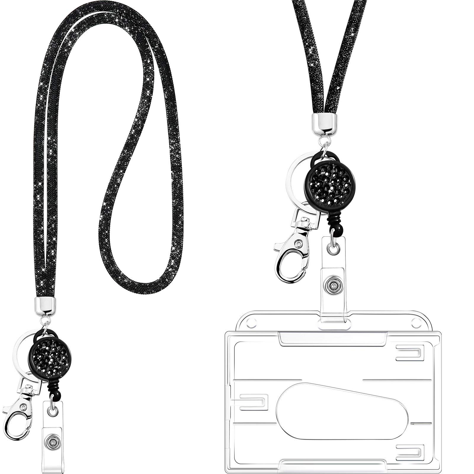 Frienda Crystal Lanyard Necklace with Transparent ID Card Holder Keyring, Black