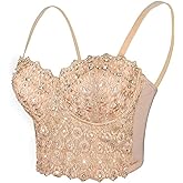 YCBENYANG Women's Rhinestone Bustier Top Corset Sexy Club Party Crop Lace Going Out Sleeveless Top Vest Bra with Underwire