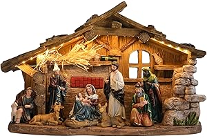 MUMTOP Nativity Set with Manger, Resin Nativity Set Figurine with LED Lights and Music, Christmas Nativity Scene Sets Indoor with Manger for Tabletop Holiday Home Chapel Christmas Decorations