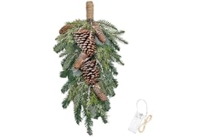 Fuxdre 23 Inch Christmas Swag for Front Door, Artificial Christmas Teardrop Decoration with Pinecone and Fern, Christmas Stair Swags with Light Hanging Holiday Decor for Indoor Outdoor Window Wall