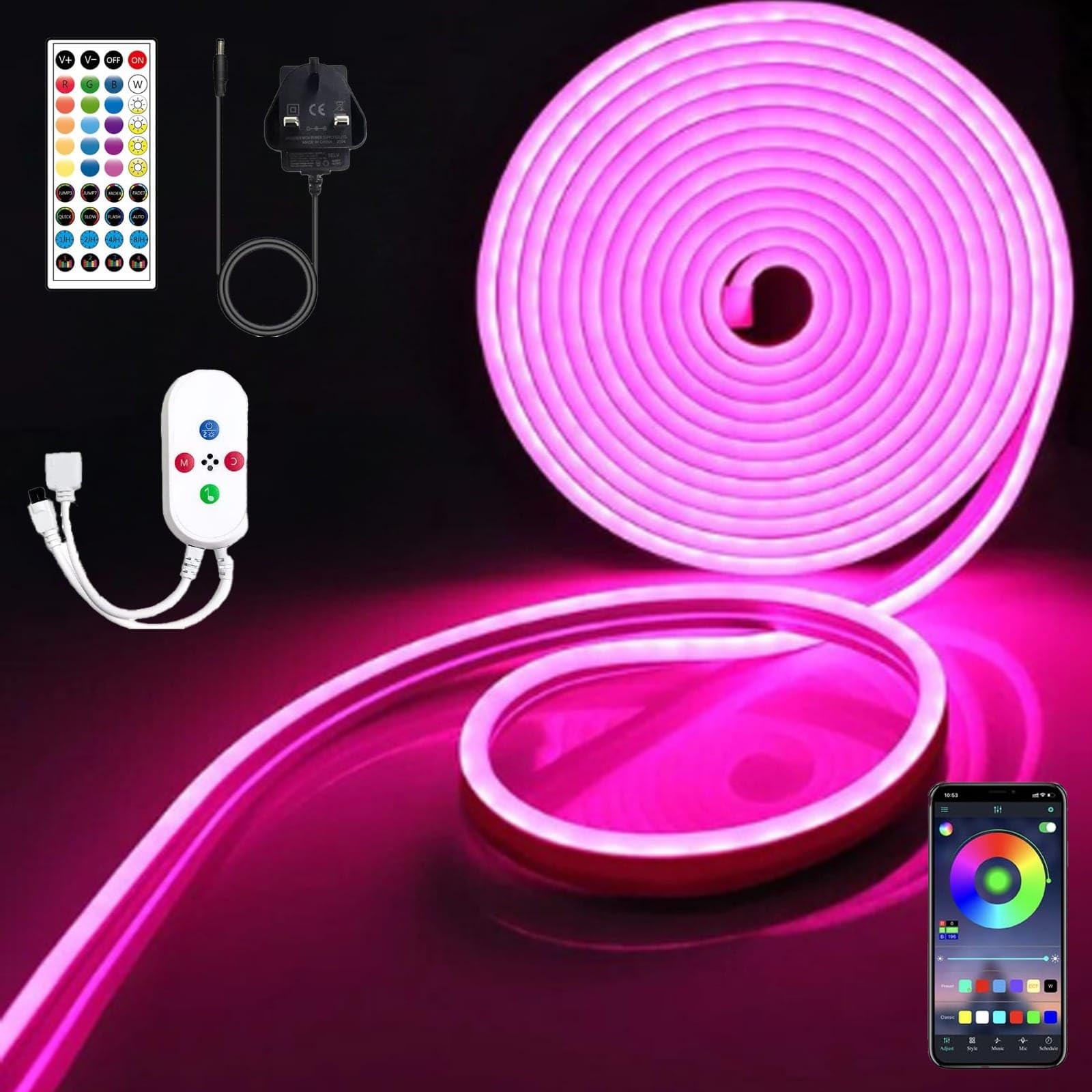 RGB LED Strip Lights 5M, Neon LED Strip Light, Colour Changing, Music Sync, Timer, Silicone DIY Flexible LED Rope Lights with Remote & APP for Indoor, Outdoor, Party, 24V RGB LED Rope Light