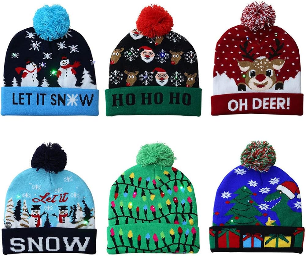 6 Piezas Gorro de Navidad con LED Gorro de suéter de Navidad con luz