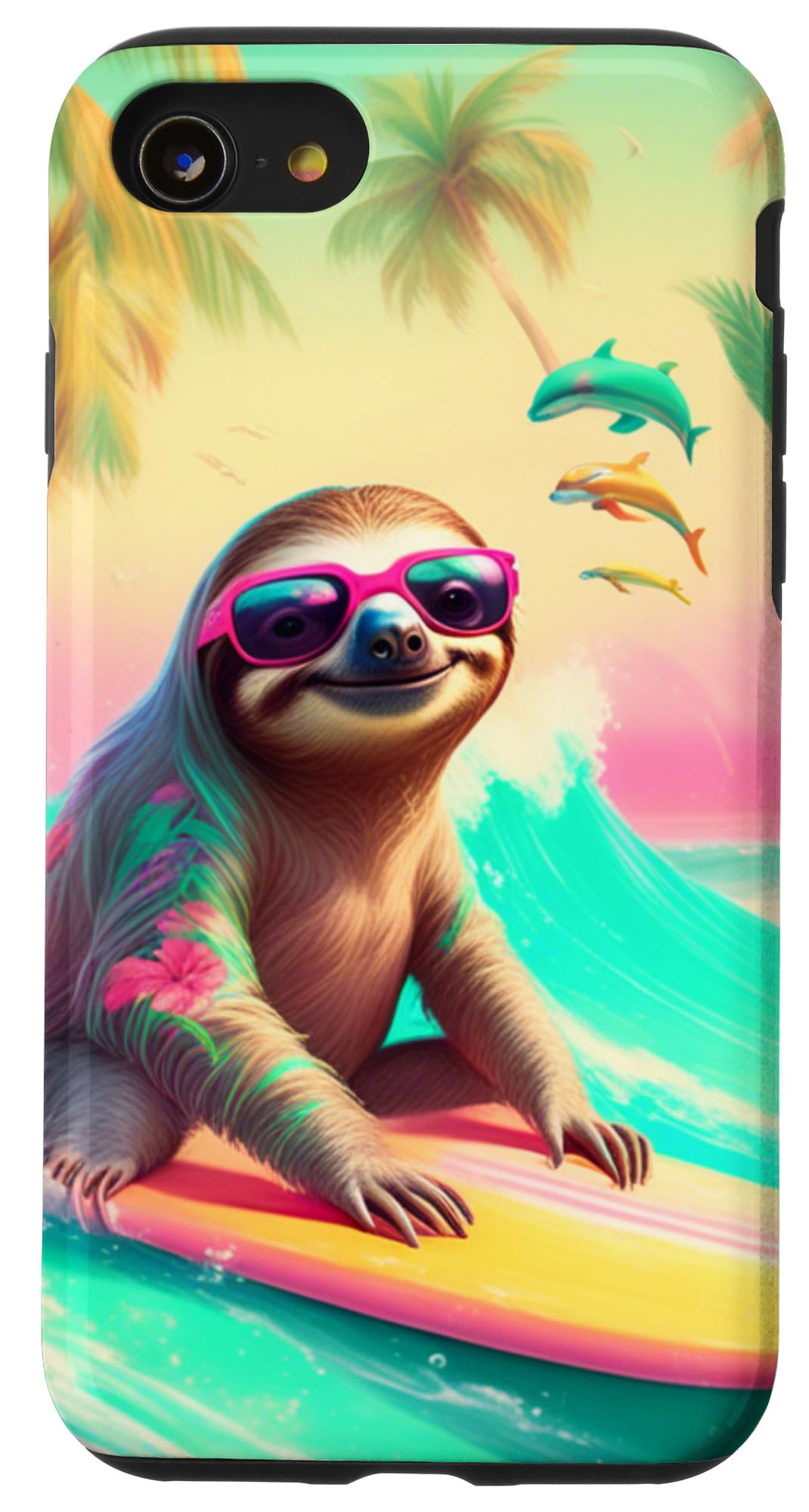 iPhone SE (2020) / 7 / 8 Fun Sloth Surfing Scene: Colorful Beach Graphic Design Case