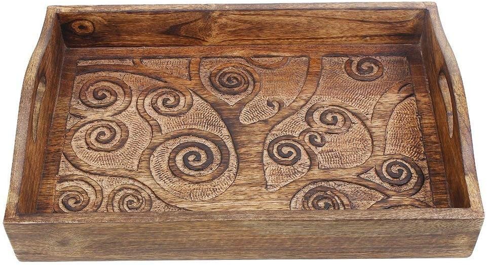 Ajuny Indian Handcrafted Rectangular Mango Wooden Decorative Serving Tray Platters with Handle Hand Carved Tree of Life Design