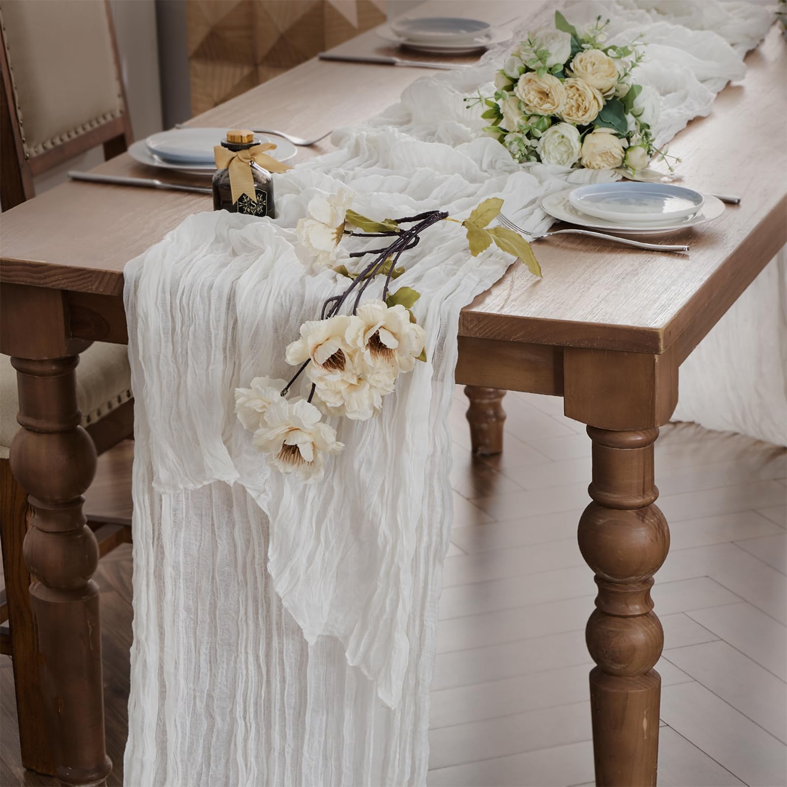 Photo 1 of WAITER TREE Cheesecloth Table Runner Boho Gauze Long Rustic Sheer White Table Runners for Baby Bridal Shower Wedding Birthday Party Decorations 35 x 118 inches 10ft 2pcs