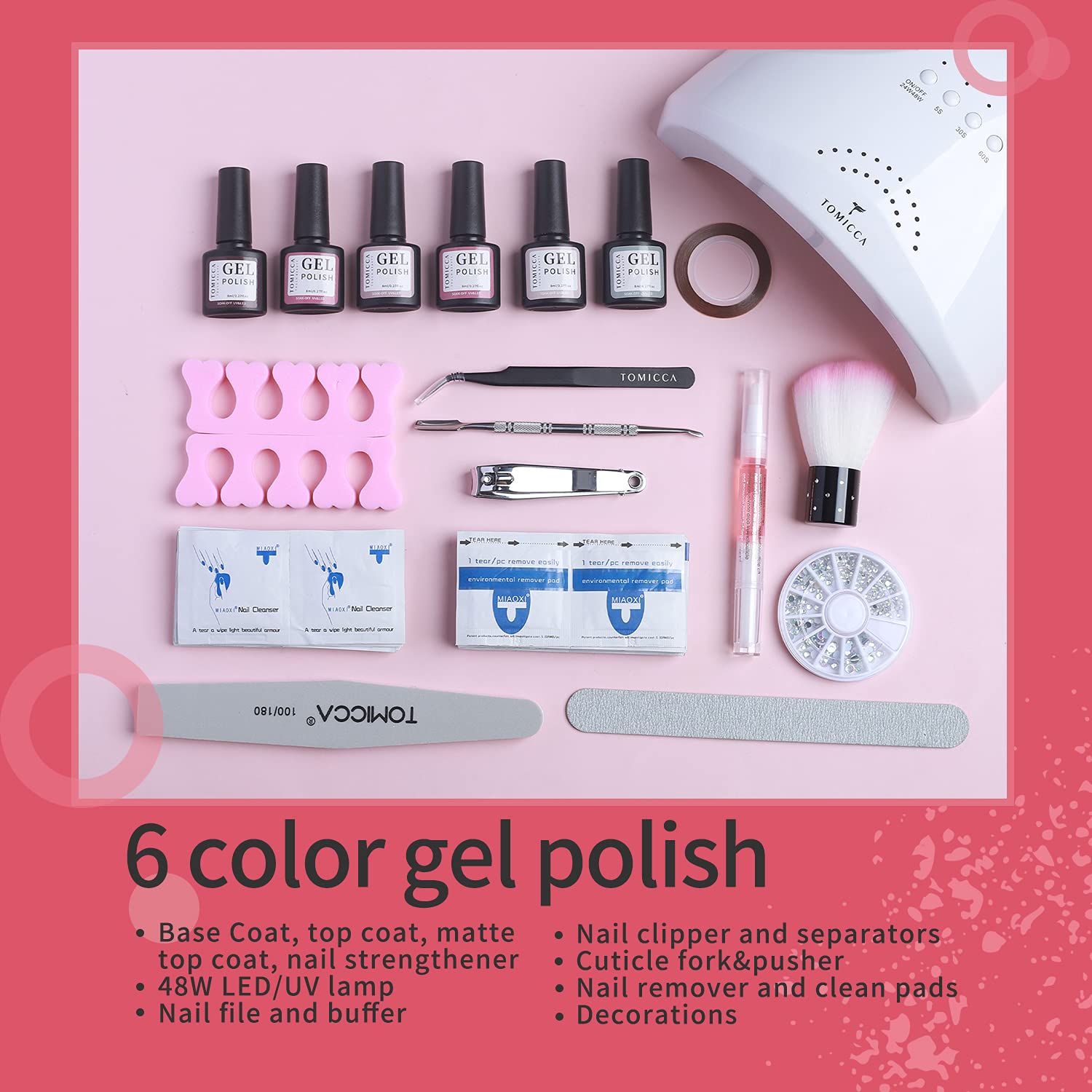 TOMICCA Pink Red Black Gel Nail Polish Kit with 48W UV/LED Light 6 Colors Gel Polish Set with Base Top Coat, DIY Manicure Tools Essentials Nail Art Decorations Rhinestones Set : Beauty