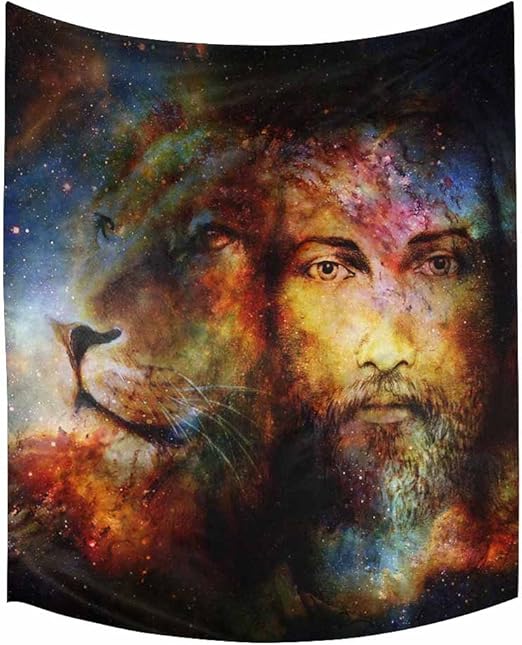 Amazon Com Interestprint Blessed Jesus With A Lion In Cosimc Space Cotton Linen Tapestry Wall Art Home Decor Tapestries Wall Hanging Art Sets 51w X 60l Inch Home Kitchen