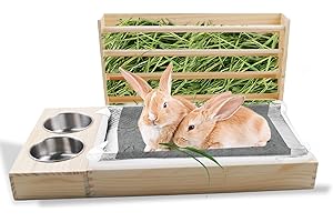 MUYG Rabbit Hay Feeder with Litter Box, 3 in 1 Wooden Bunny Feeder, Small Animal Hay Holder Rack for Rabbit, Guinea Pig, Hamster, Ferrets