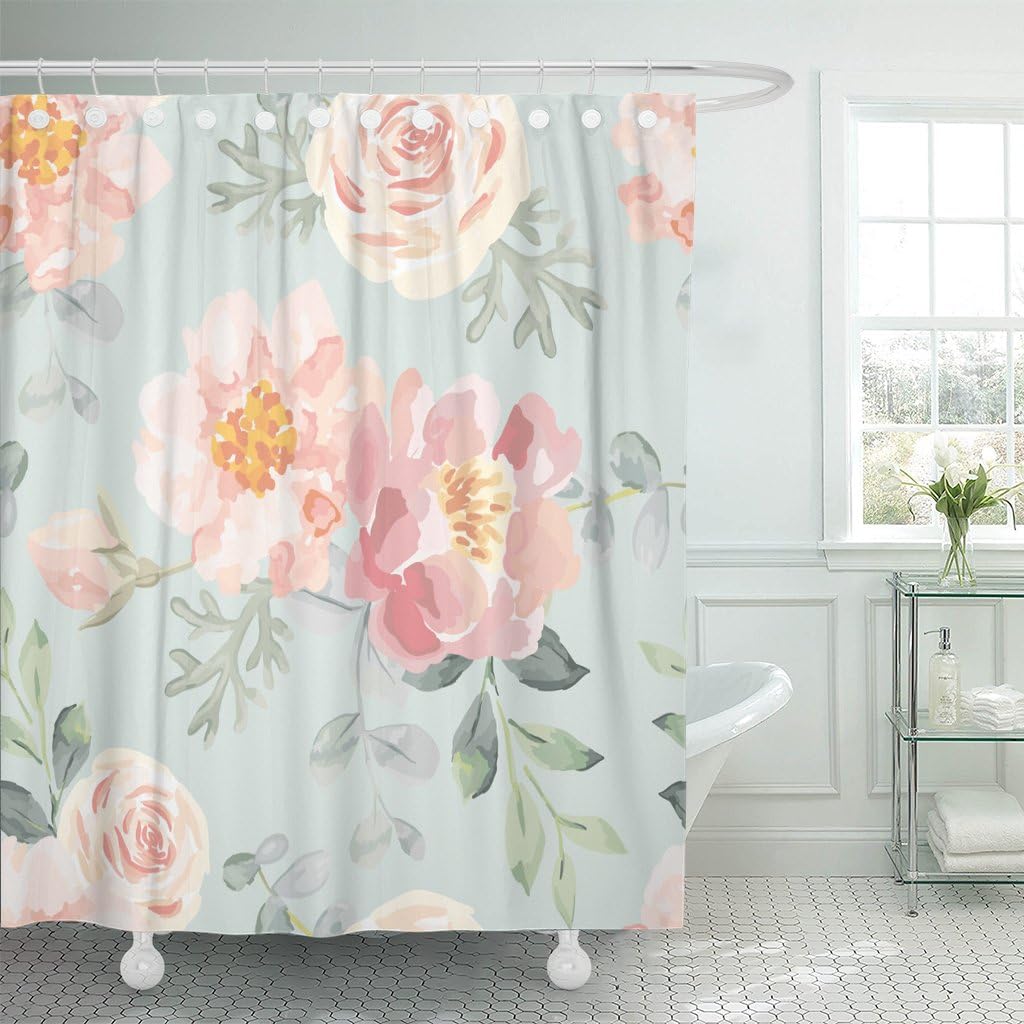 TOMPOP Shower Curtain Pale Pink Roses and Peonies Gray Leaves Romantic Garden Waterproof Polyester Fabric 72 x 72 Inches Set with Hooks