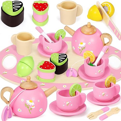 Seagoal Wooden Tea Set for Toddlers, Kids Tea Set Toys for 3 4 5 Year Old Girls Gifts, Montessori Wooden Toddler Toys, Kids Tea Party Set with Play Dessert Tray Teapot
