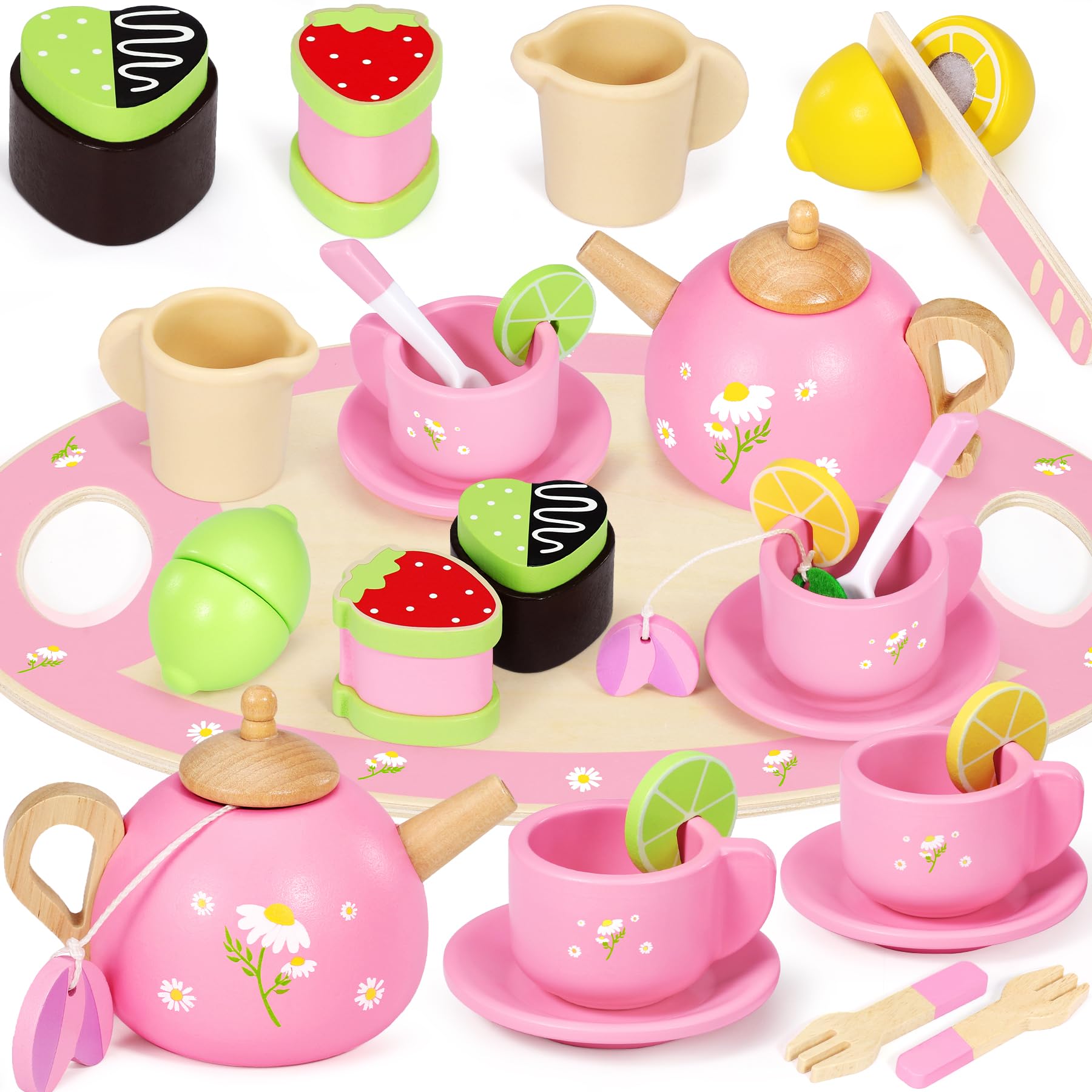 Seagoal Wooden Tea Set for Toddlers, Kids Tea Set Toys for 3 4 5 Year Old Girls Gifts, Montessori Wooden Toddler Toys, Kids Tea Party Set with Play Dessert Tray Teapot