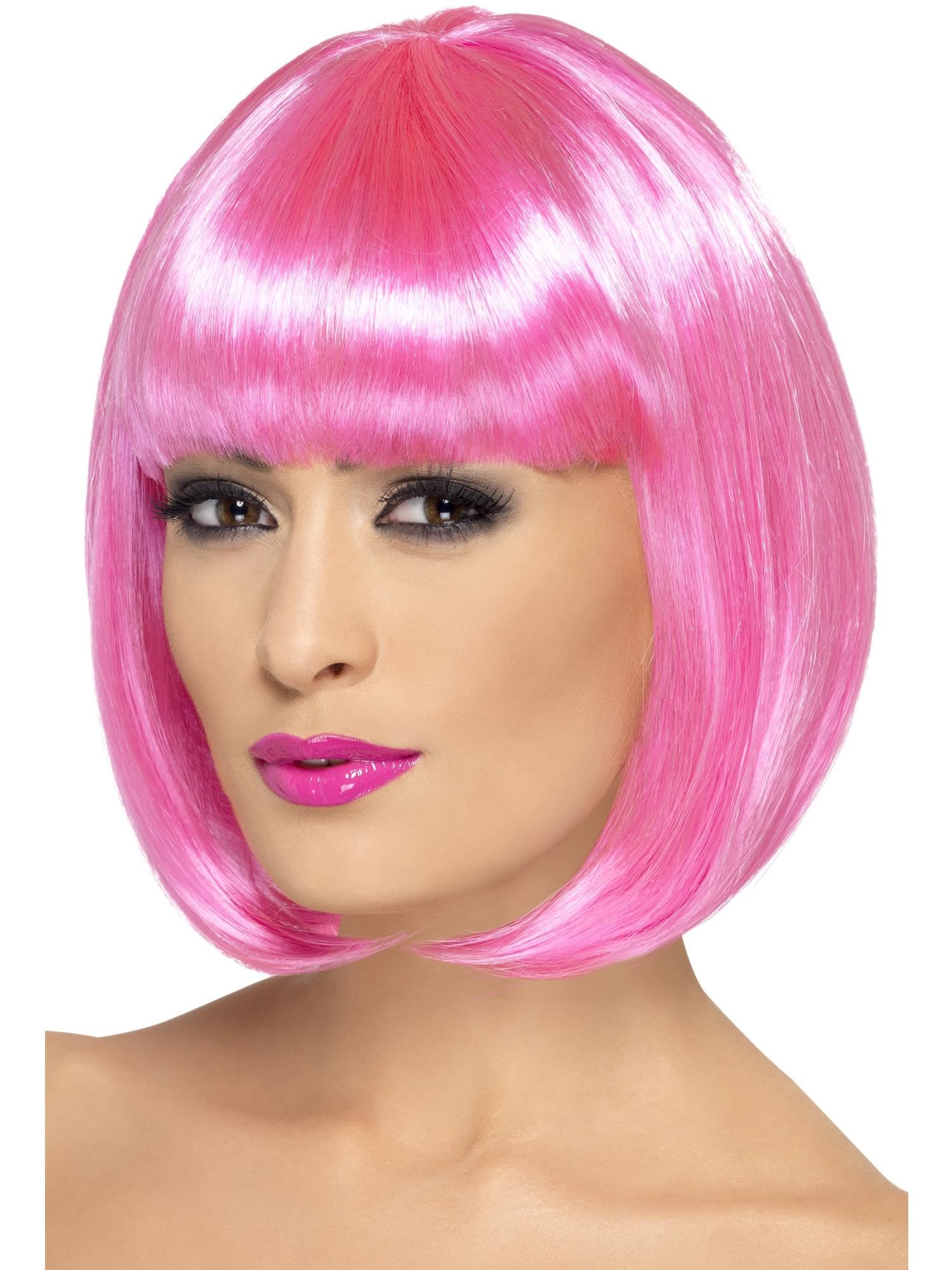 Smiffys Partyrama Wig, 12 inch, Pink Short Bob with Fringe, Ladies Glamour Wigs Fancy Dress, Adult Dress Up Wigs