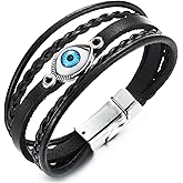 COOLSTEELANDBEYOND Mens Womens Multi-strand Black Leather Evil Eye Beads Charms Bracelet Wristband Wrap Bracelet