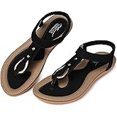 SHIBEVER Sandals Women Dressy Flat: Summer Casual Arch Support Thong Flats - Comfortable Walking Beach Sandals - Black Size 7 Elastic Ankle Strap Sandal