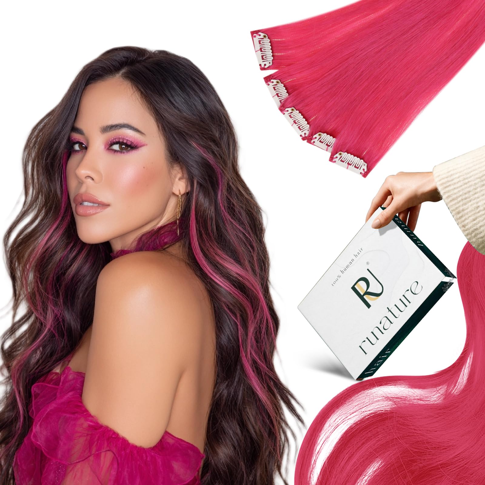 RUNATURE Clip in Pink Hair Extensions Human Hair 20 inch Pink Hair Extensions Clip in Real Human Hair HotPink Hair 25g 5PCS — image 1