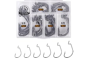 UCEC Fishing Hooks, 140PCS/ 100PCS/ 60PCS EWG Offset Worm Hooks Bass Hooks Wide Gap 2X Strong Senko Bait Texas Rig Jig Fish Hooks for Bass Trout Saltwater Freshwater Size:#4#2#1 1/0 2/0 3/0 4/0 5/0