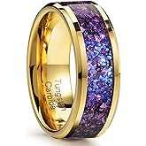 Zillaly 8mm Men's Gold Galaxy Ring, Tungsten Wedding Band with Purple Blue Opal and Chamfered Sparkling Finish - Comfortable Size 7-14, Comes in a Beautiful Gift Box