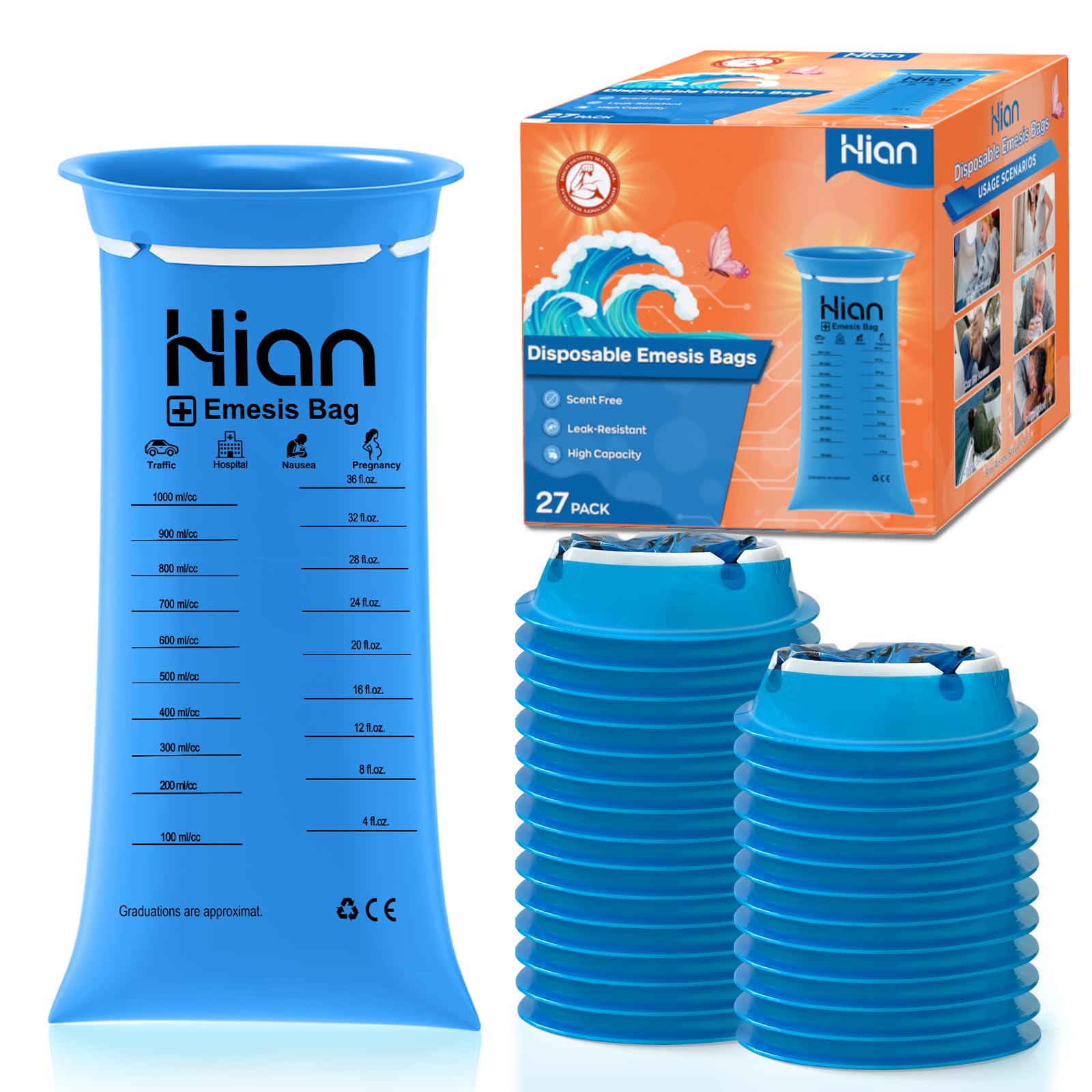 Hion Sick Bags 27 Pack - High Density Vomit Bags, Leak-Resistant & Portable - Ideal for Motion Sickness, Car & Air Travel - Perfect for Pregnant Women, Taxi Drivers