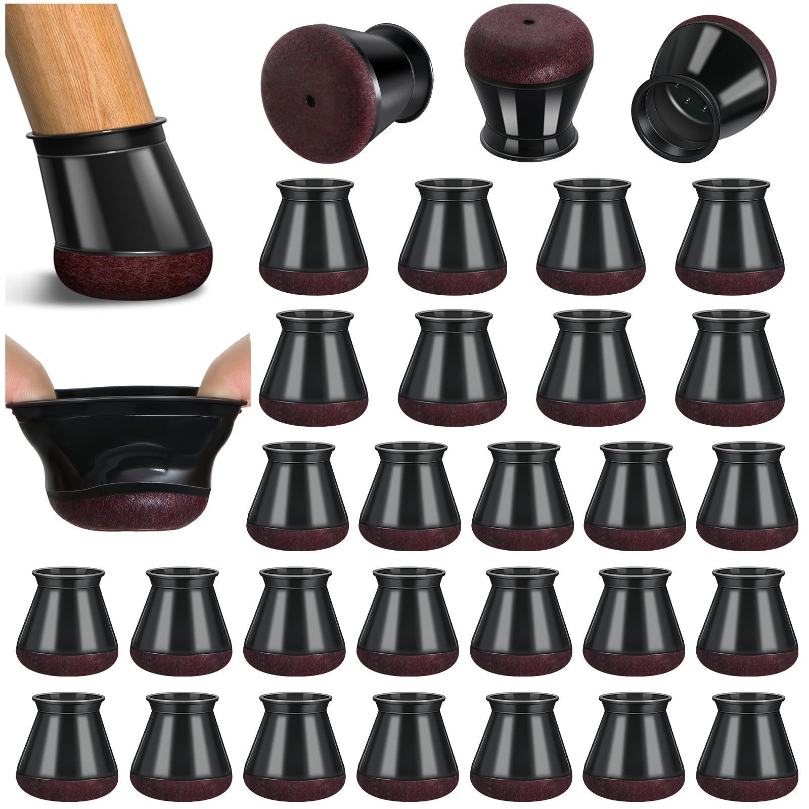 32 Pcs Chair Leg Floor Protectors,Black Silicone Chair Leg Covers Caps for Hardwood Floors with Wrapped Felt, Furniture Feet Protectors Pads (Fit:20.1-30mm) — image 1