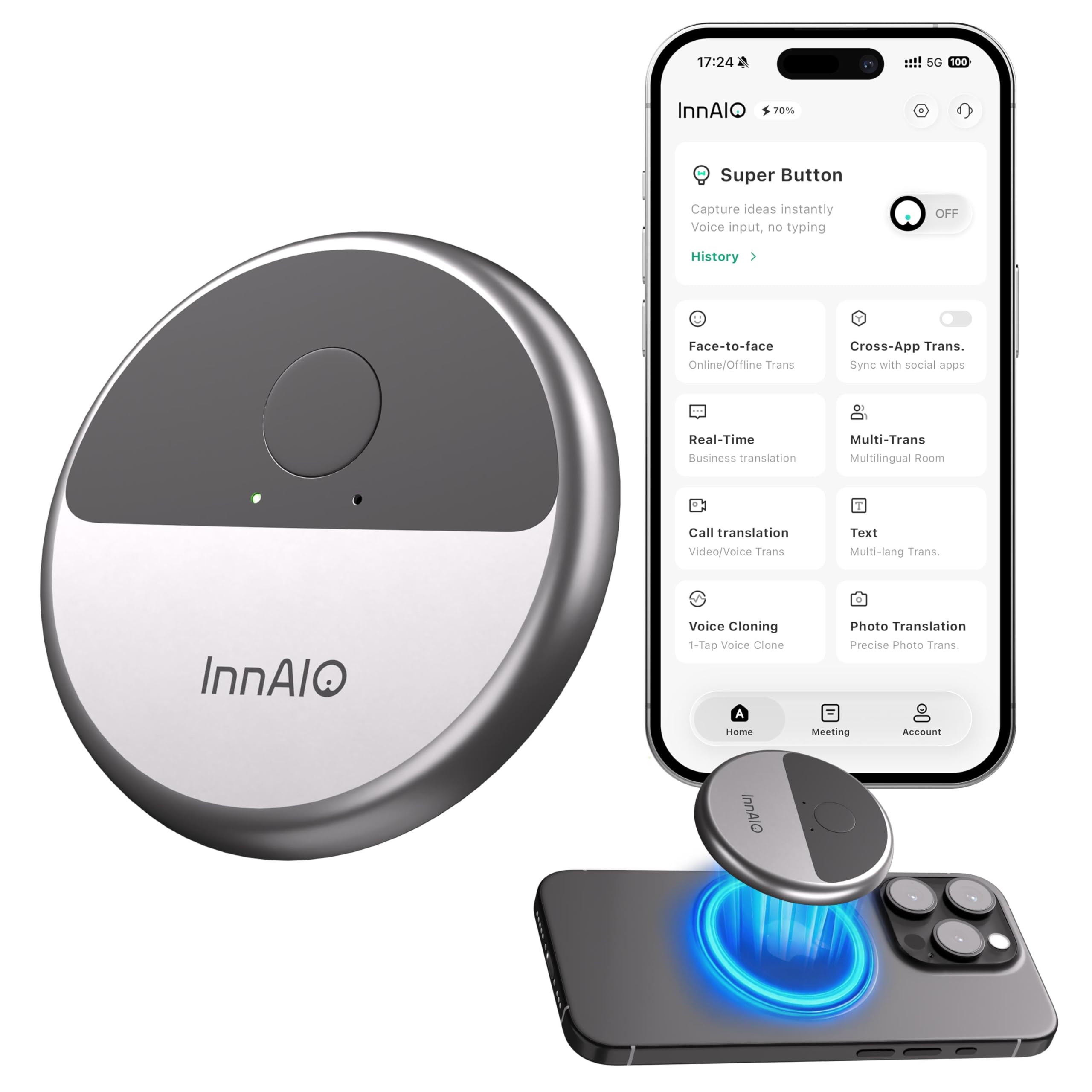Photo 1 of InnAIO T10 AI Language Translator Device, Real-Time Two-Way Voice Translator with GPT Accuracy & Voice Cloning, Pocket Spanish to English Translator for Travel, Business & Video Calls (140+ Languages)