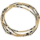 Agriajun Gold Beaded Gemstone Stackable Stretch Bracelets for Women Girls, Dainty Boho Handmade Black Natural Stone Bead Ball Layered Bracelet Summer Beach Jewelry Gift