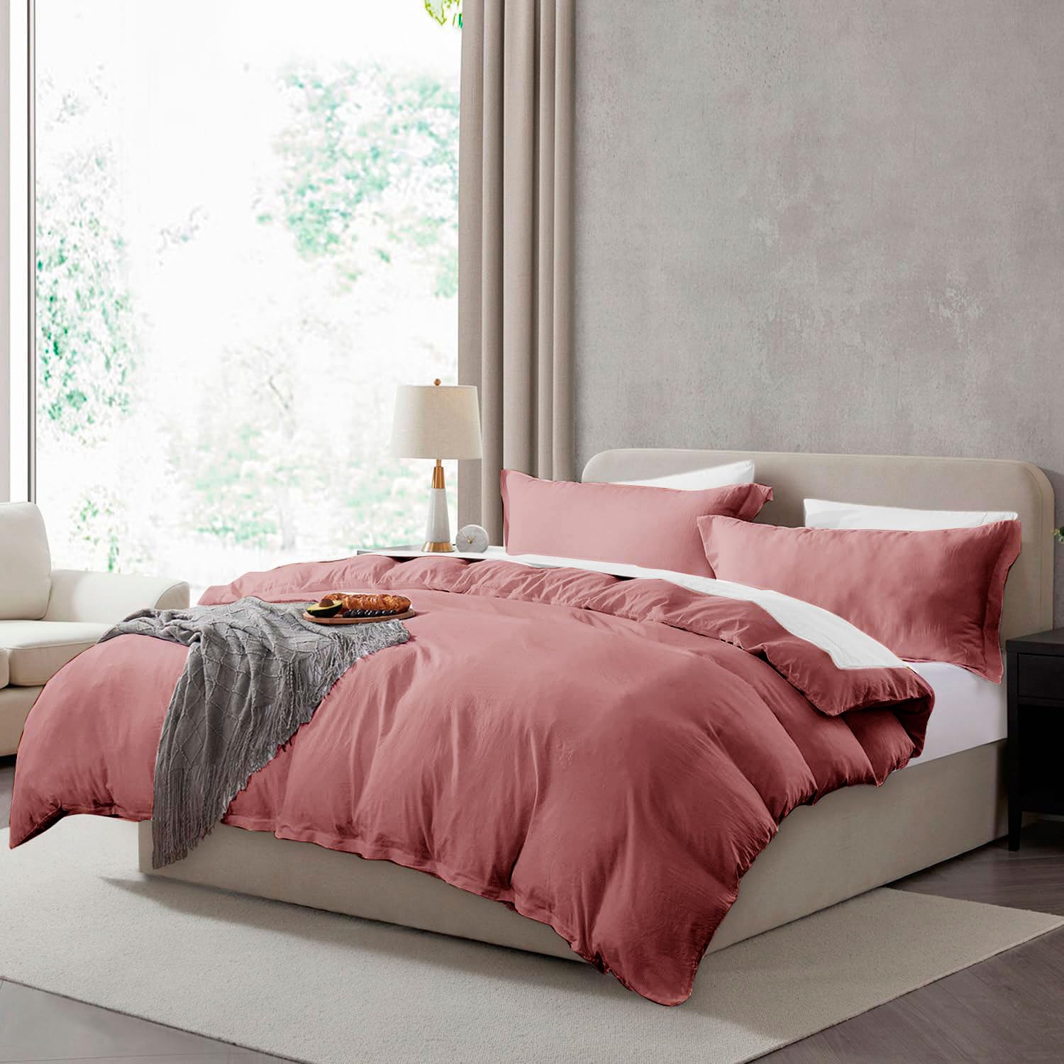 Photo 1 of Hearth & Harbor King Duvet Cover Set - King Soft Prewashed Pink Clay Duvet Cover, 3 Piece Set with Zipper Closure, 1 Duvet Cover 104x90 inches and 2 Pillow Shams