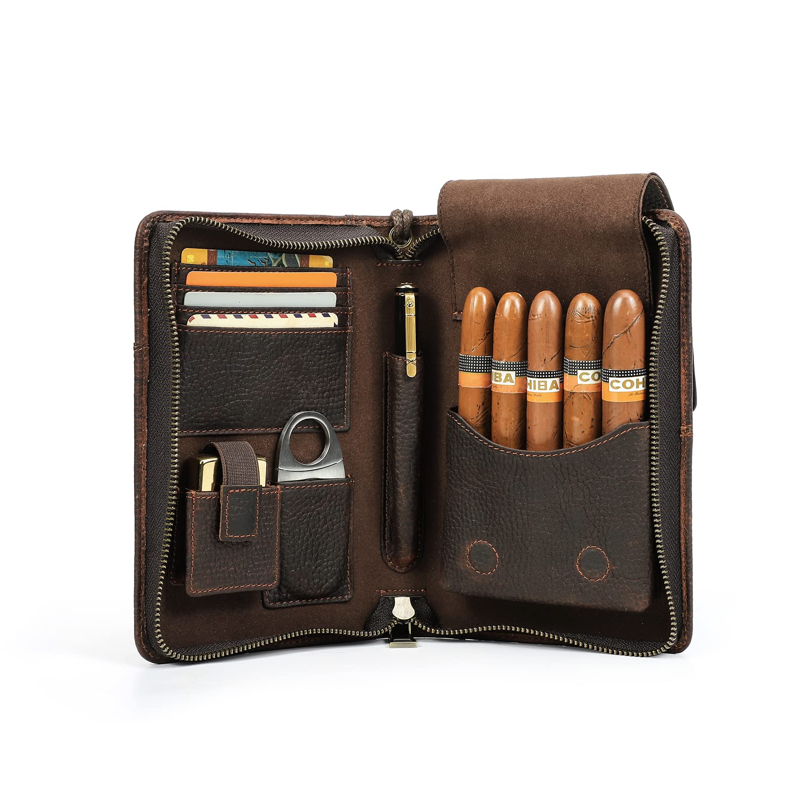 Hiram Genuine Leather Cigar Humidor Case, Portable Cigar Box with Cutter, Lighter Pocket, Multifunctional Humidor Bag with Cards Slot, Cellphone Pocket (Coffee)
