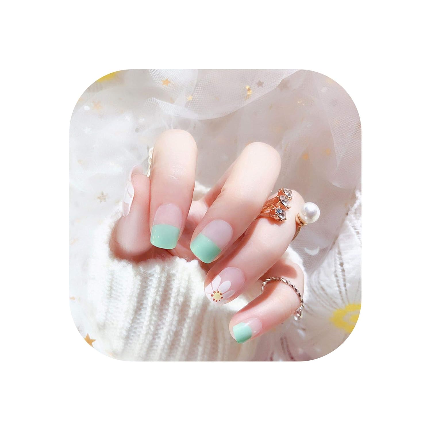 Amazon Com 24pcs Green White Little Flower Fake Nail Art