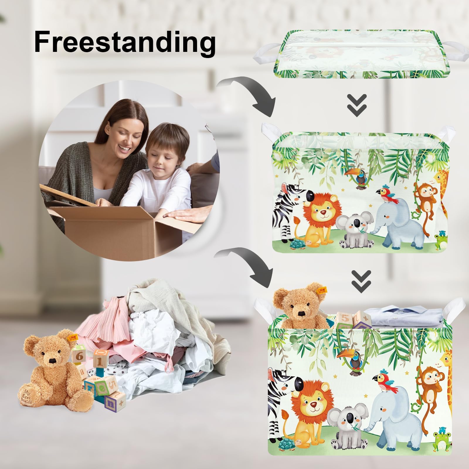Clastyle Safari Animal Nursery Decor Kid Basket Rectangle Elephant Koala Monkey Storage Bin Collapsible Baby Clothes Toy Book Gift Basket