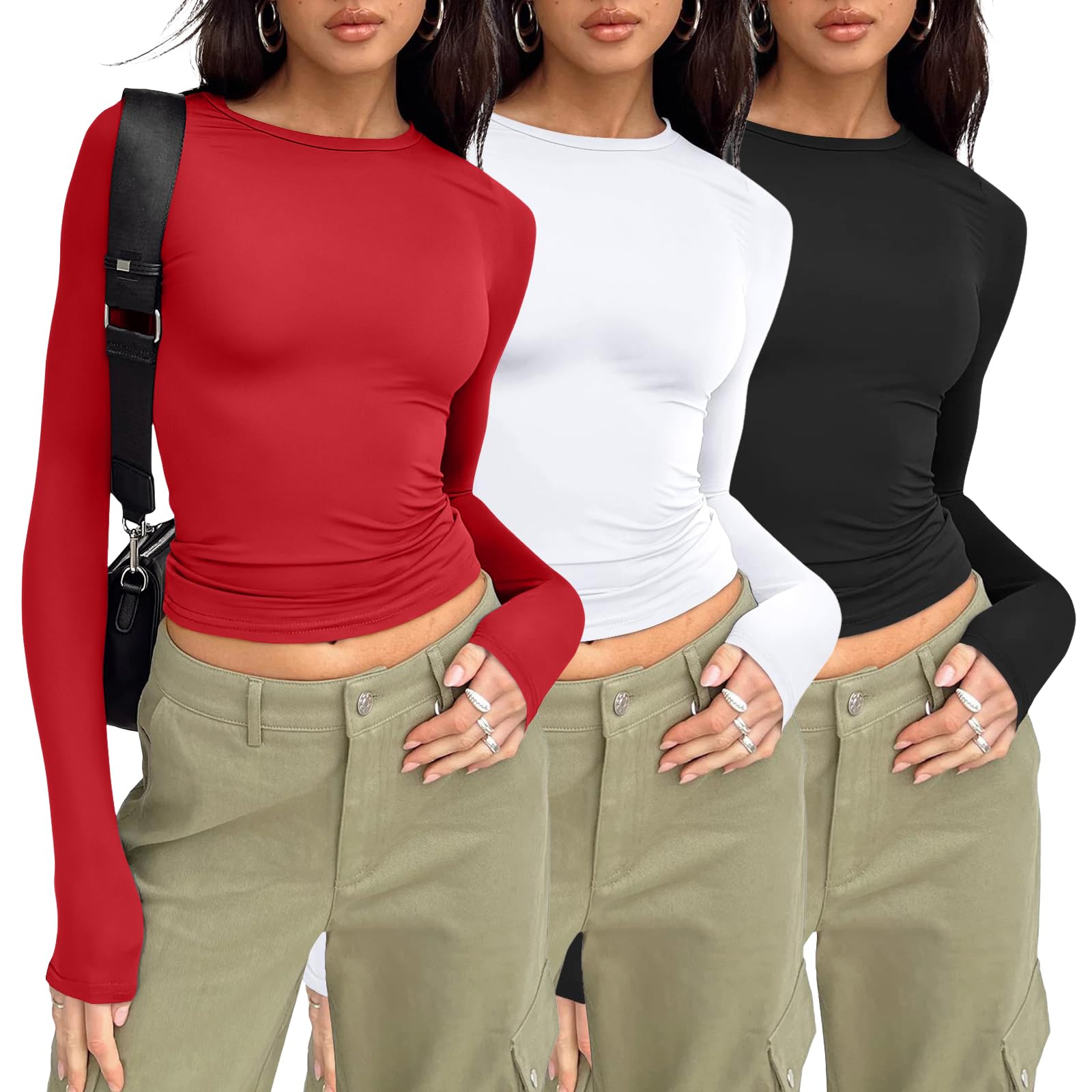 AUTOMET 3-Pack Women's Long Sleeve Crop Tops - Basic Fitted T-Shirts Set Black White Red XS Image