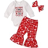 Cemion Valentines Day Baby Girl Outfit Newborn Ribbed Onesie Romper Flare Pants Cute Heart Print Bell Bottoms Clothes Set