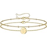 MONOZOGold Initial Bracelets for Women - Dainty 14K Gold Plated Layered Beaded Letter Initial Bracelet Personalized 26 Alphabet Disc Monogram Charm Bracelet Jewelry Gifts for Women