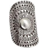 Sterling Silver Solar Mandala Boho Long Statement Ring, Handmade Star symbol Ethnic Adjustable Gypsy Hippie ring
