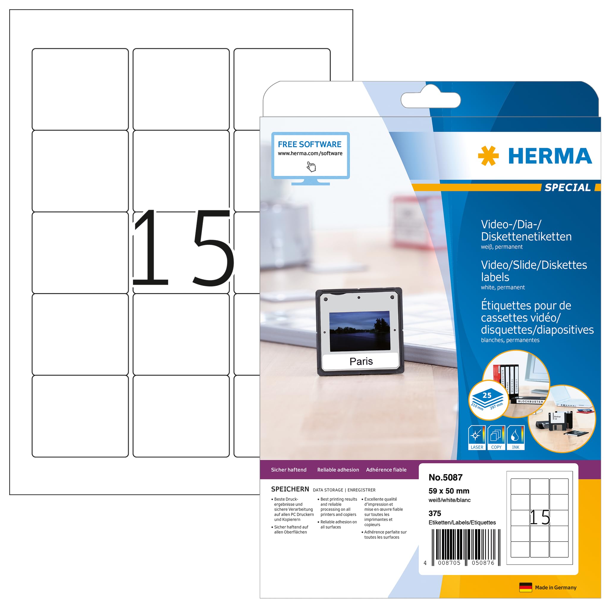 HERMA Self Adhesive 3.5" Diskette Labels, 15 Labels per A4 Sheet, 25 Sheets, 59 x 50 mm, 375 Labels, Blank 3.5 inch Floppy Disk Labels Stickers, Sticky Labels for Laser & Inkjet Printer, White