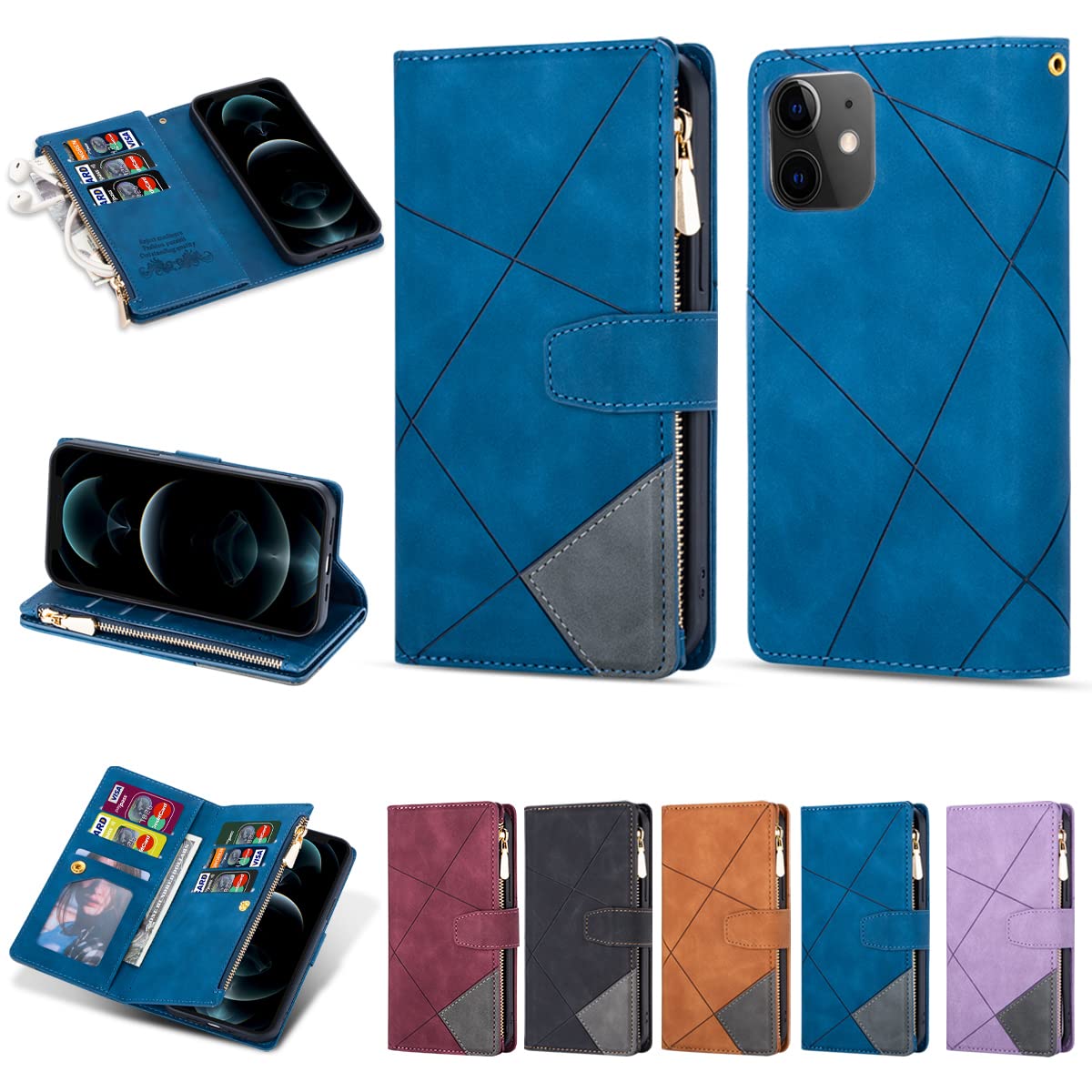 UEEBAI Wallet Case for iPhone 11 6.1, Vintage Premium PU Leather Cover Flip Case with Card Slots Magnetic Closure Zipper Pocket Kickstand Handbag with Hand Strap - Splice Blue