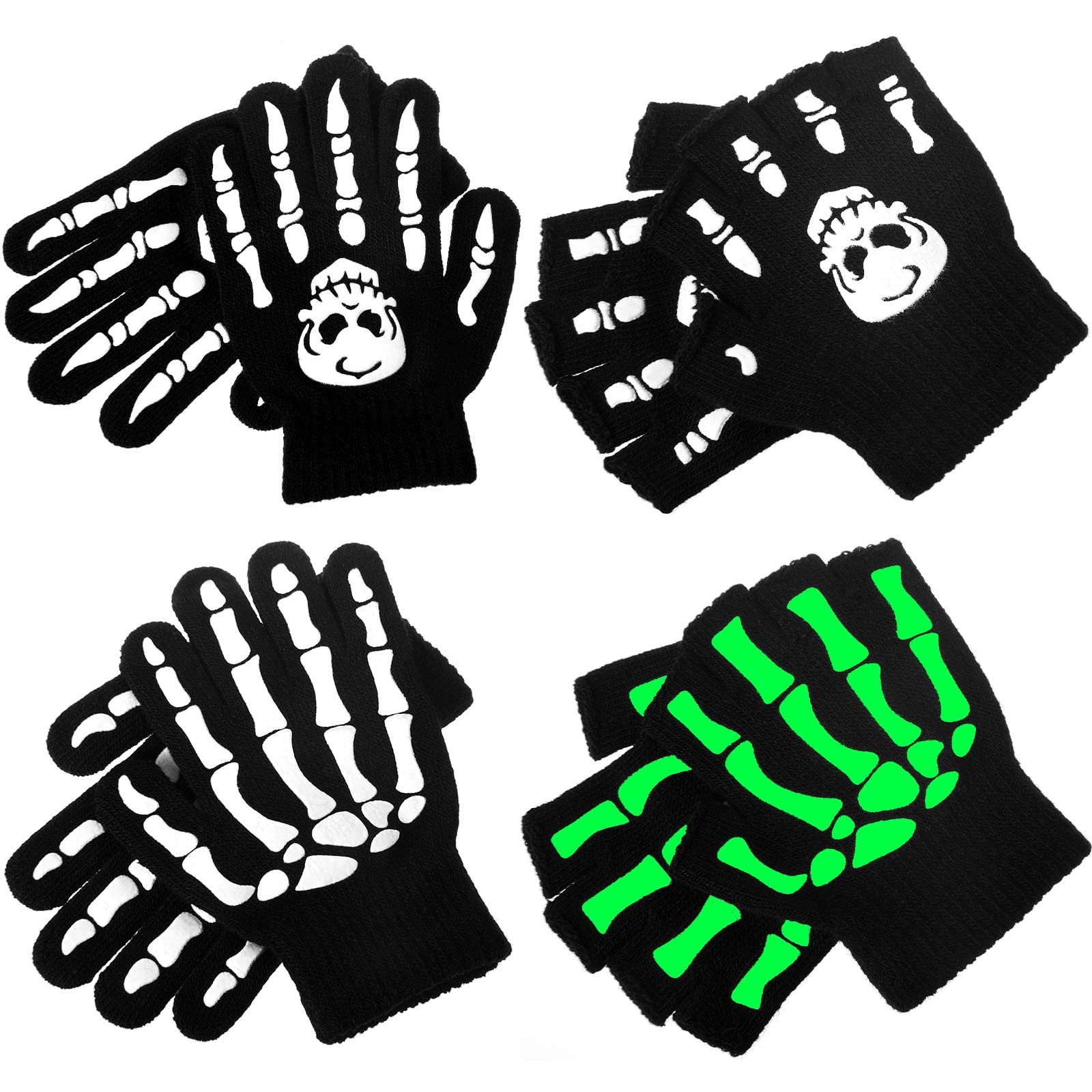 Satinior 4 Pairs Halloween Kids Skeleton Gloves Glow in The Dark Half Finger Luminous Fingerless Mittens Full Winter Warm Skull for Child Cosplay Dance Party, black, 4.3 x 4 inches/ 11 x 10 cm