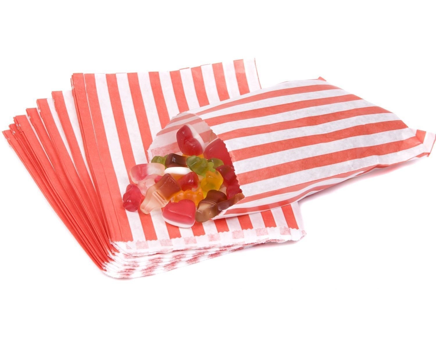 100 Striped Candy Paper Bags for Sweet Flavor Buffet Wedding Cake Gift Shop (5'' X 7'') (Red