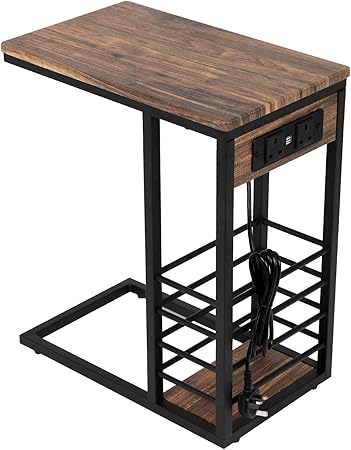 J C Shape Small Side Table End Table Coffee Tea Table Sofa Side Table With Storage Shelf And Usb Plug Uk For Living Room Office Bedroom Furniture Wood Metal Rustic Brown Amazon Co Uk Kitchen