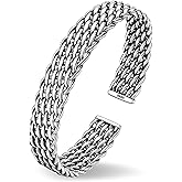 Irideket Handmade 925 Sterling Silver Bangle Bracelet for Men, Vintage Weighted Woven Bangle, Solid Silver Jewelry Gift, Adjustable Open Silver Plated Bracelet for Husband Father