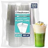 Freshware Clear Plastic Cups [100 Pack - 20 oz] Disposable Cups for Iced Coffee, Smoothie, Milkshake, Cold Drinks