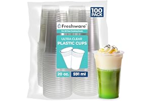 Freshware 20 oz Clear Disposable Plastic Cups, 100 Pack Clear Plastic Cups Tumblers, Heavy-duty Party Glasses, Disposable Cups for Thanksgiving, Halloween, Christmas Party