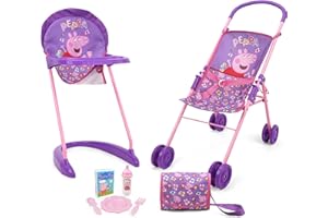 Peppa Pig: Stroll N' Feed 8pc Set - Purple, Pink, Flowers - Stroller, Highchair, Handbag, Feeding Accessories, for Dolls Up to 18", Kids Toy Ages 3+