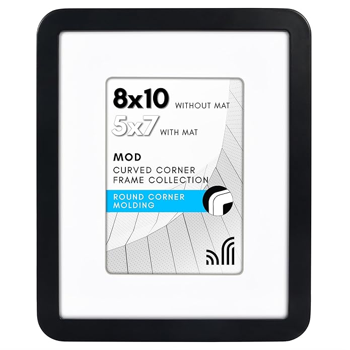 Americanflat 8x10 Picture Frame with Round Corner Molding - Use as 5x7 Frame with Mat or 8x10 Frame Without Mat - Mod Collection - Black Photo Frame with Shatter-Resistant Glass for Tabletop and Wall