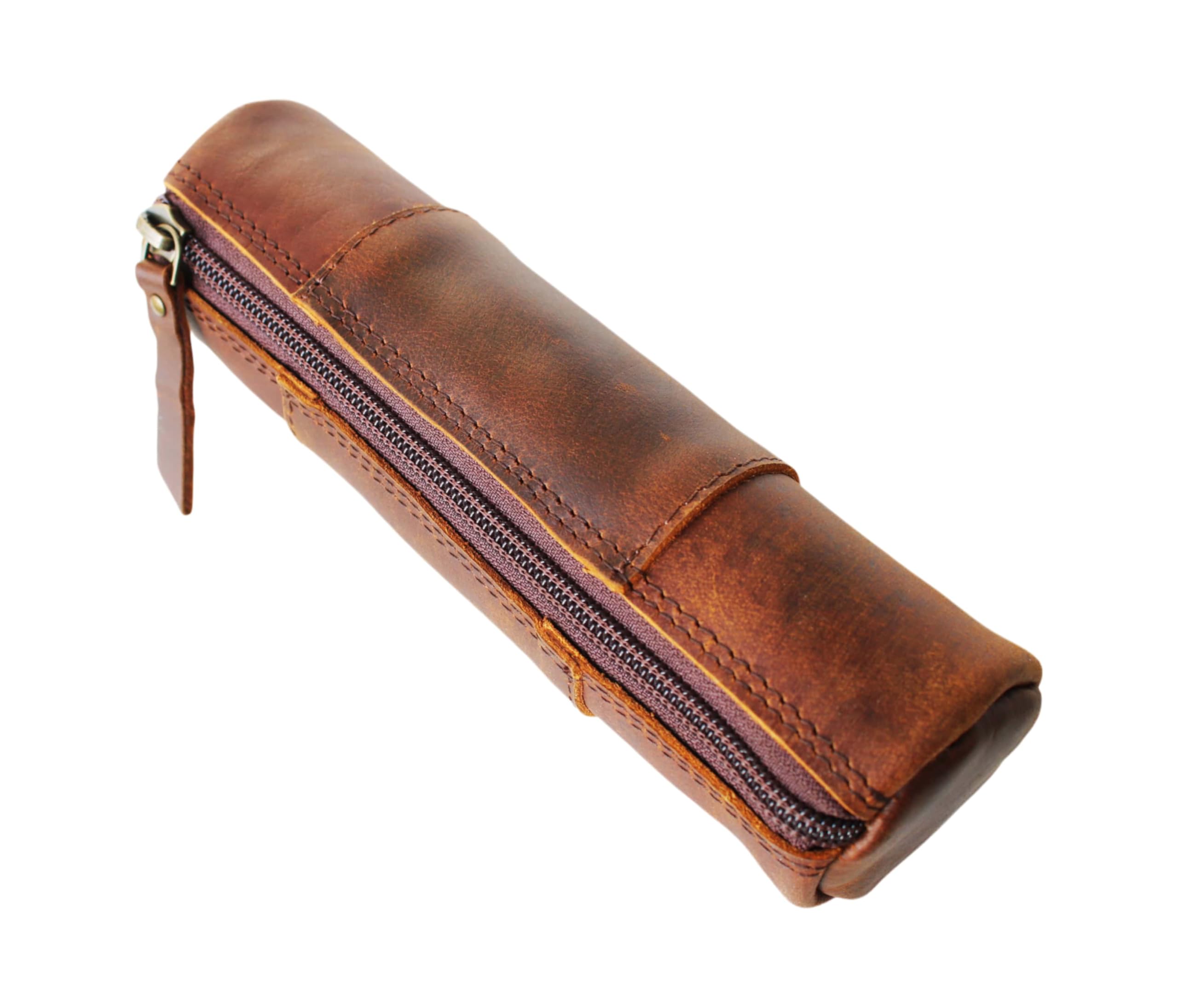 Genuine Vintage Leather Pencil Case Pouch Pen Holder with Zipper Closure Brush Organizer Art Painting Supplies Office Marker Box Ruler Stationery Gift for Students Artist Painter & Writer Colleague